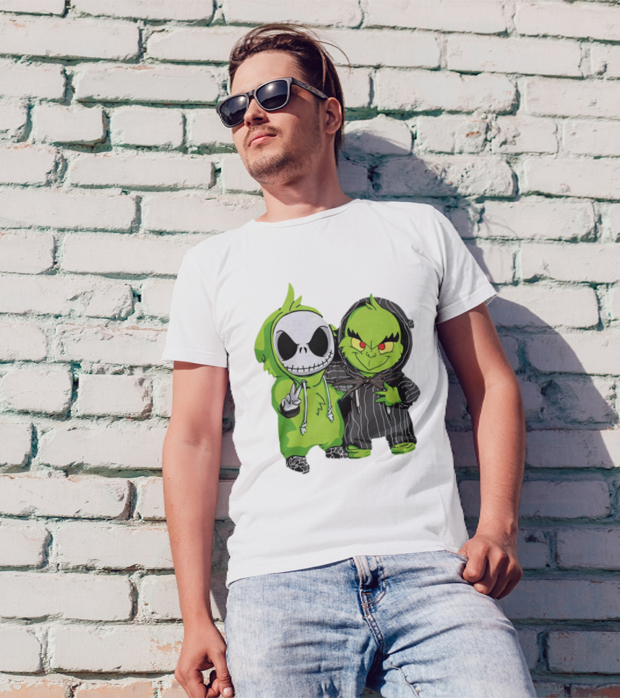 Baby Jack Skellington And Grinch In Green Hoodies T-Shirt