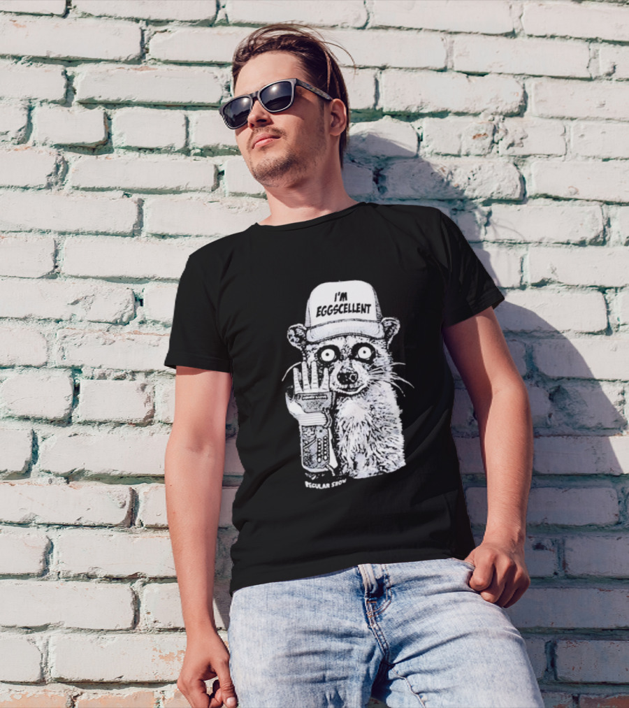 I'm Eggscellent Rigby Regular Show Raccoon Wearing Hat With Cybernetic Arm T-Shirt