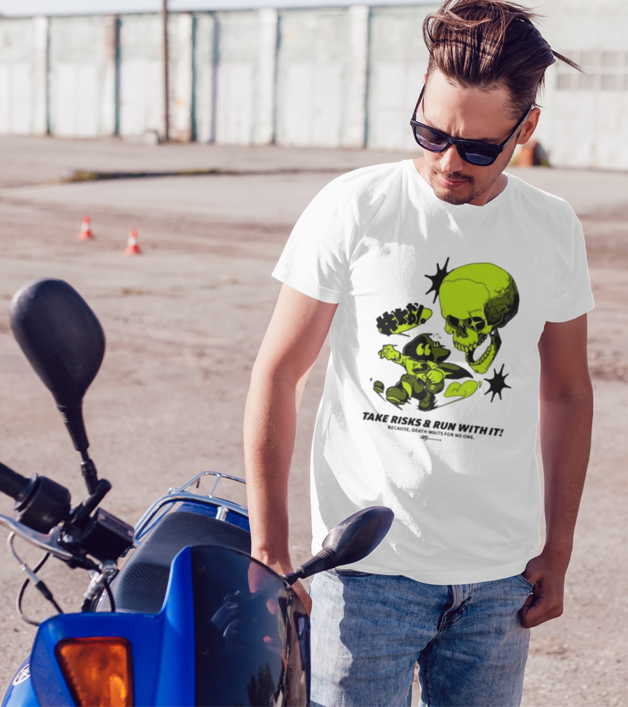 Take Risks Run With It Cartoon Character Facing Neon Skull Because Death Waits For No One T-Shirt