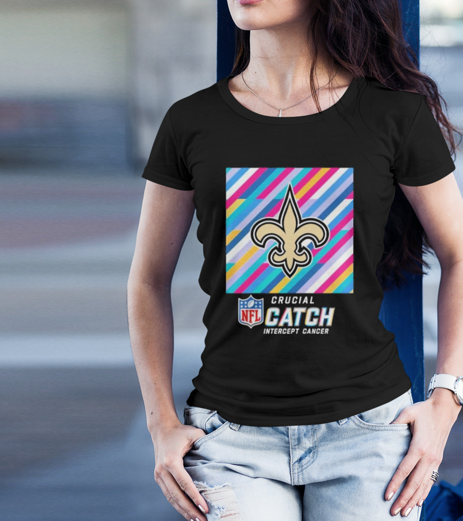 New Orleans Saints Crucial Catch Intercept Cancer NFL 2024 Fleur-de-Lis Icon And Bold Stripes T-Shirt