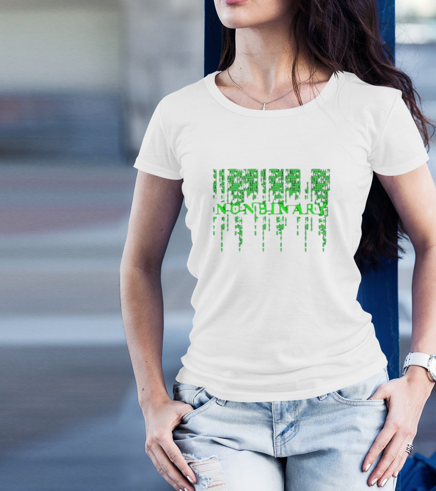 Non Binary Code Matrix-Inspired Green Text T-Shirt