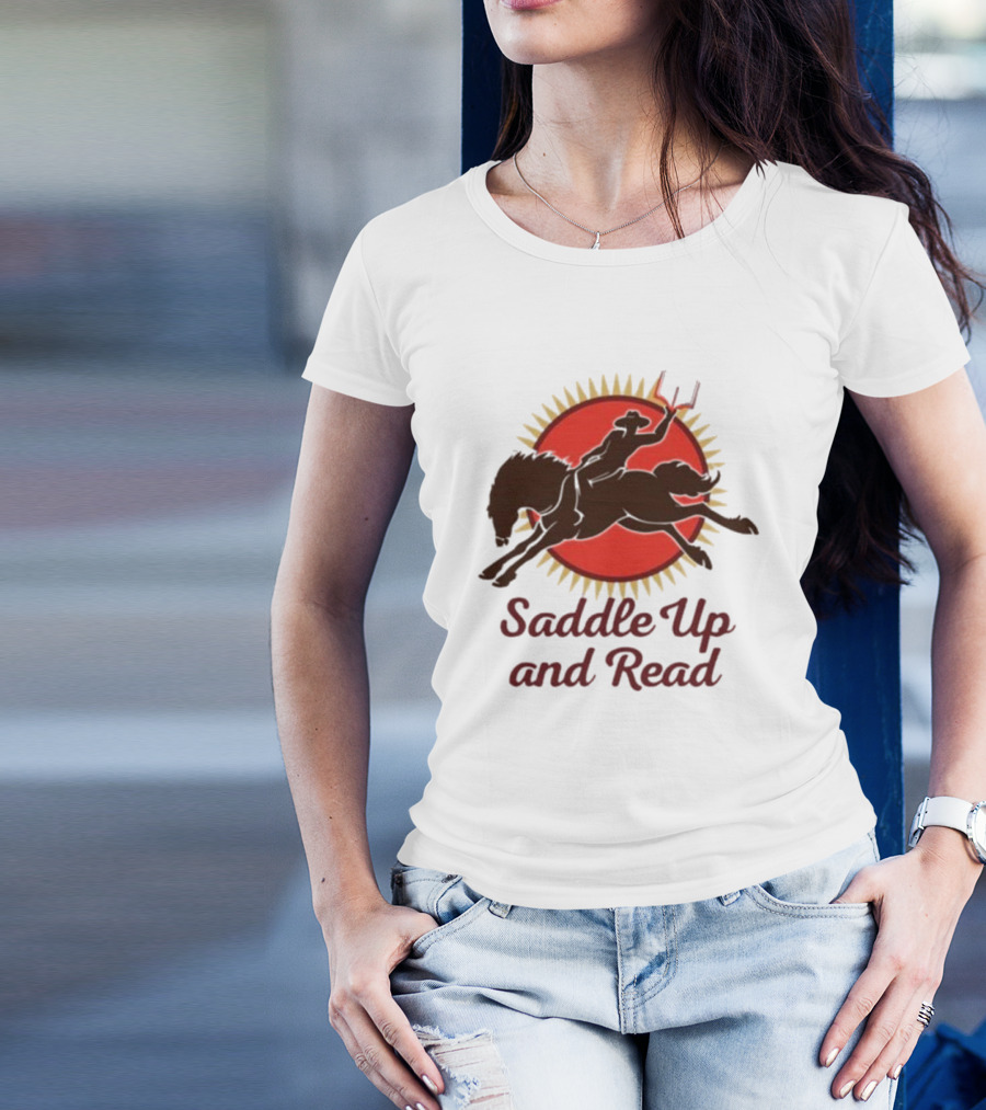 Saddle Up And Read Horseback Silhouette Against Sunburst T-Shirt