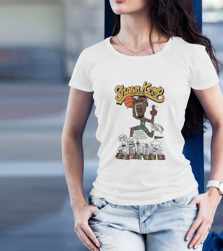 Shawn Kemp 2024 Seattle World's Vintage Fair Basketball Dunking Skyline Caricature T-Shirt