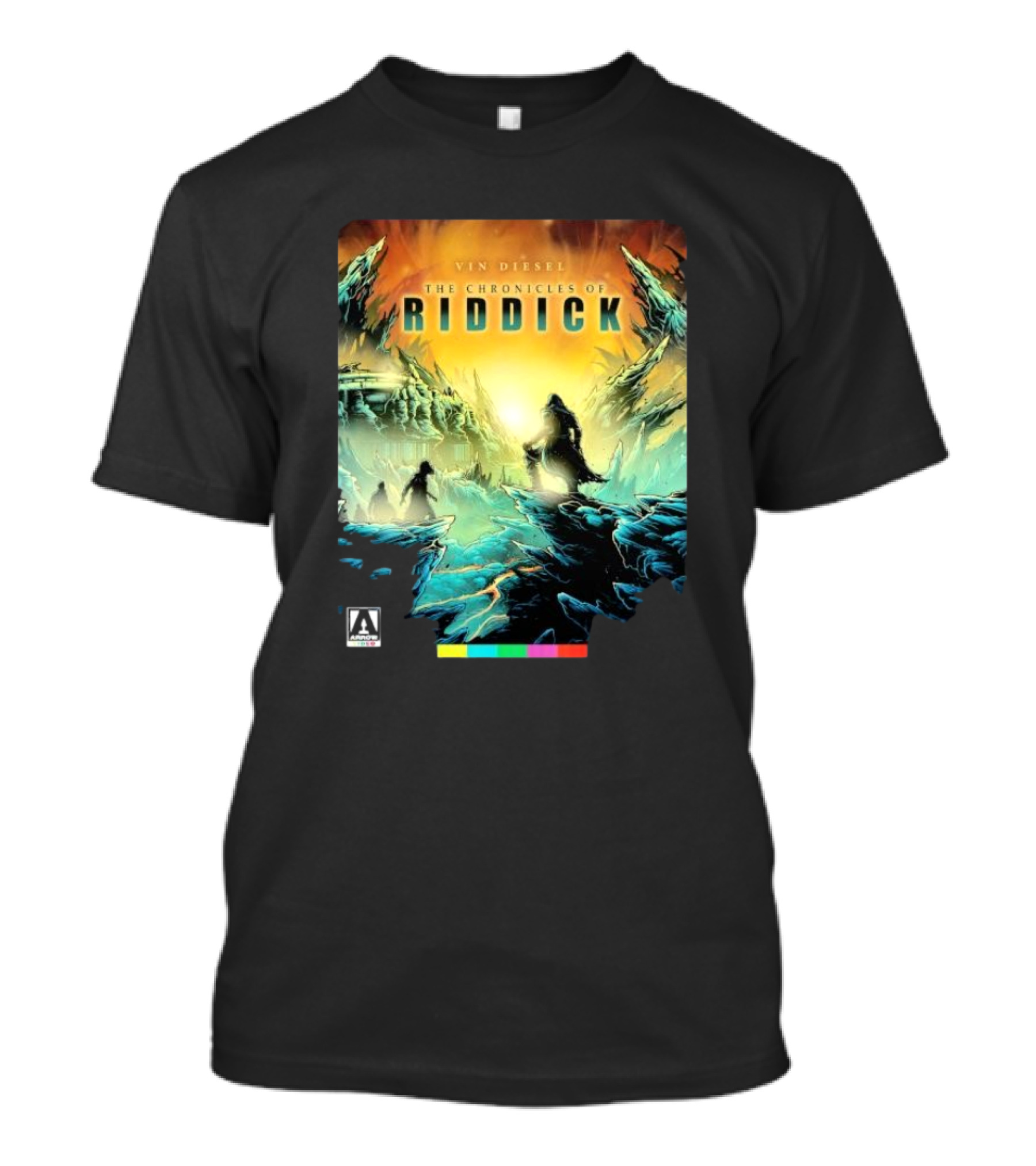 Vin Diesel The Chronicles Of Riddick Cover Art Poster With Mysterious Figures And Alien Landscape T-Shirt