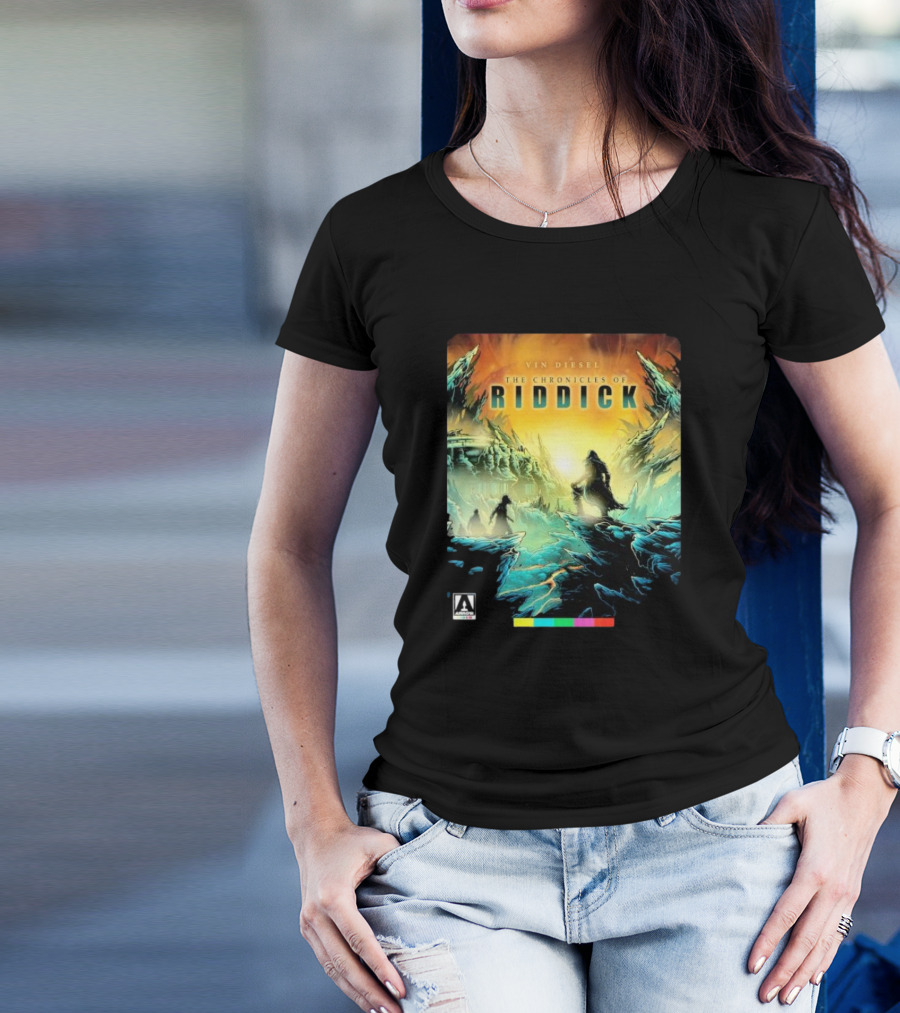 Vin Diesel The Chronicles Of Riddick Cover Art Poster With Mysterious Figures And Alien Landscape T-Shirt