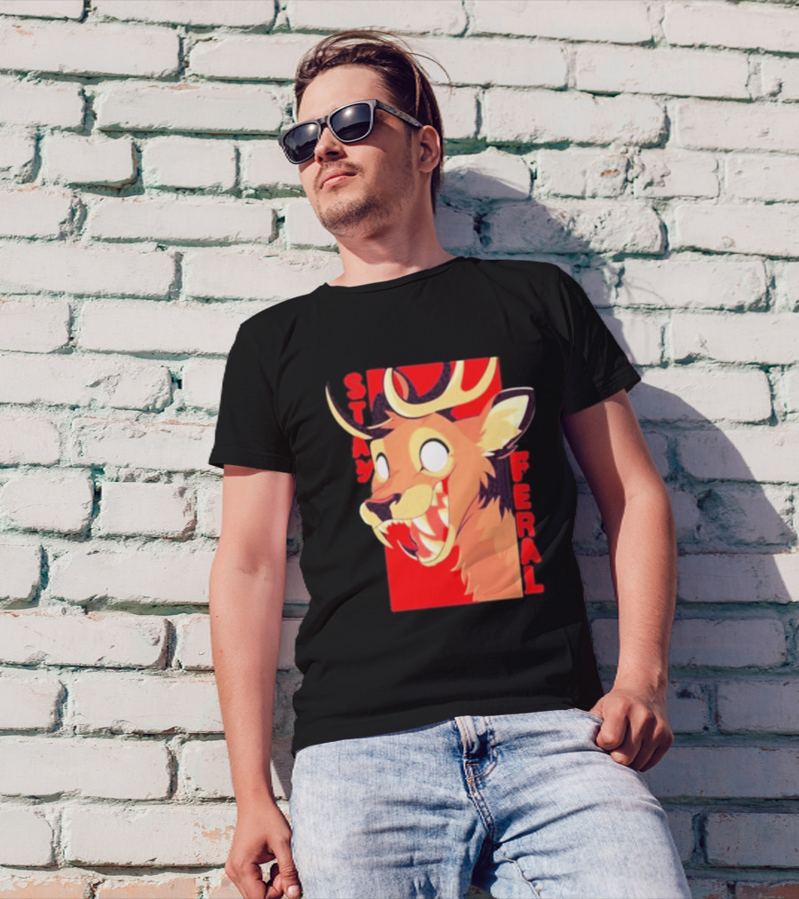 Stay Feral Toothy Deer Wild Expression Monochrome Cartoon T-Shirt