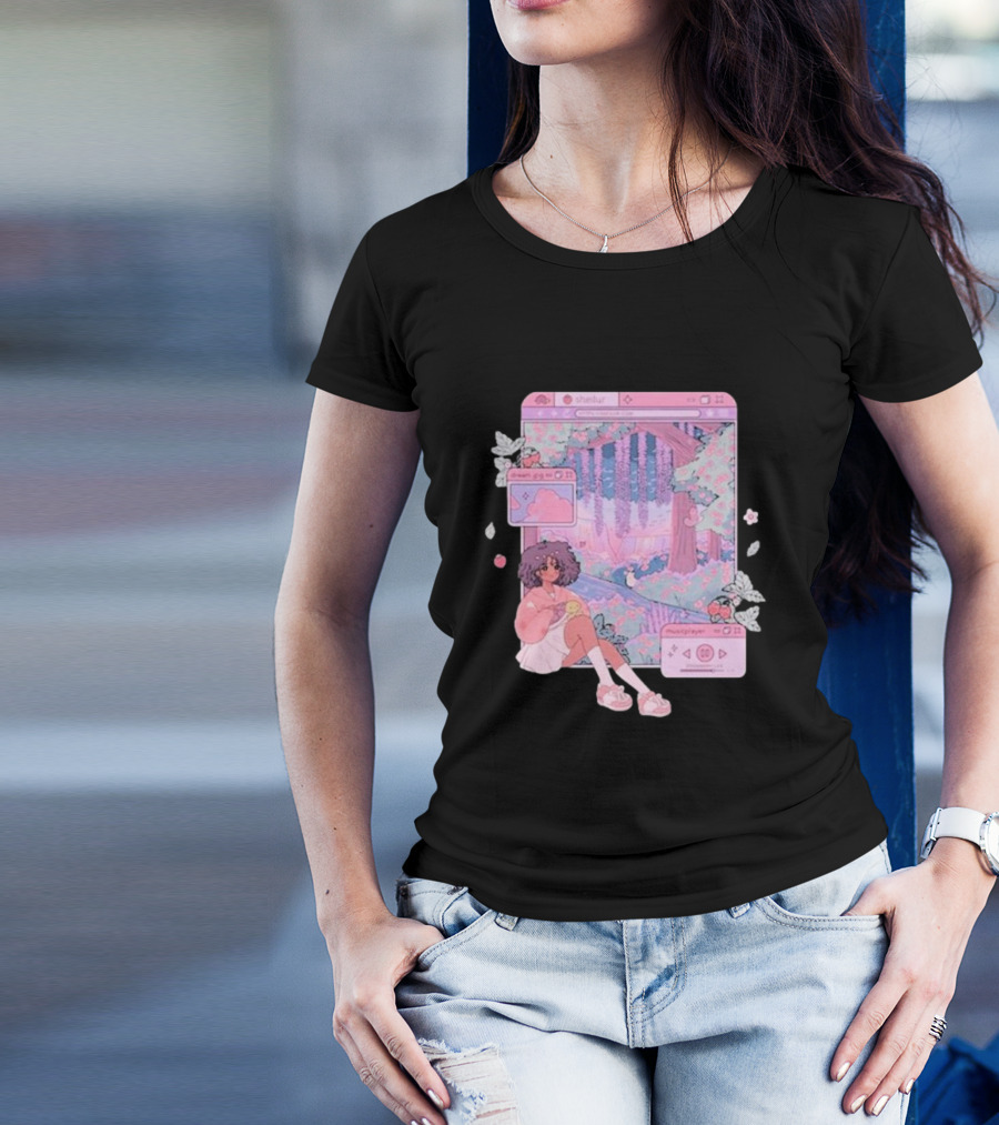 Sheilur Dreamy Strawberry Window Girl In Pink Forest T-Shirt