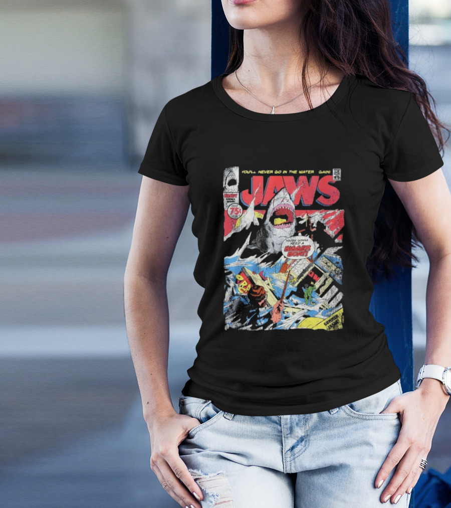 Jaws Comic Cover You'll Never Go In The Water Again You're Gonna Need A Bigger Boat 75 Cent July Roy Thomas Ross Andru Comic Code Authority T-Shirt