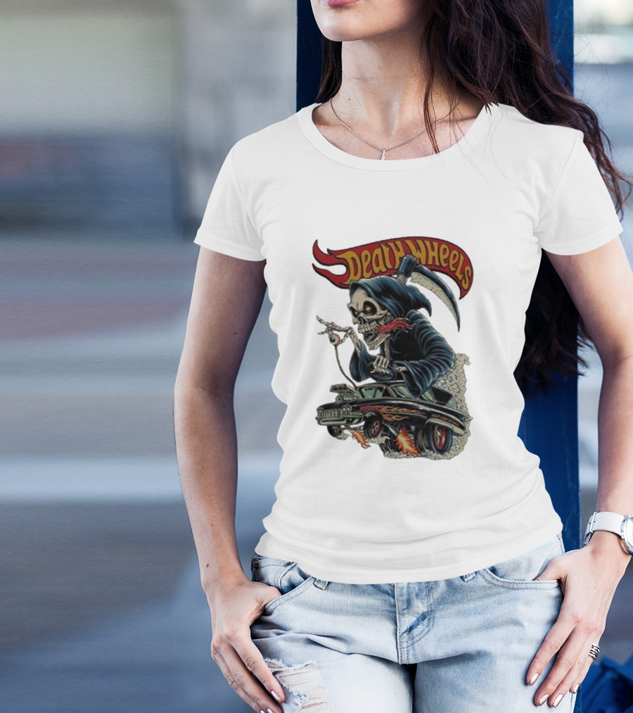 Deadly Wheels Krisna Okky Death Wheels Grim Reaper Driving Flaming Car T-Shirt
