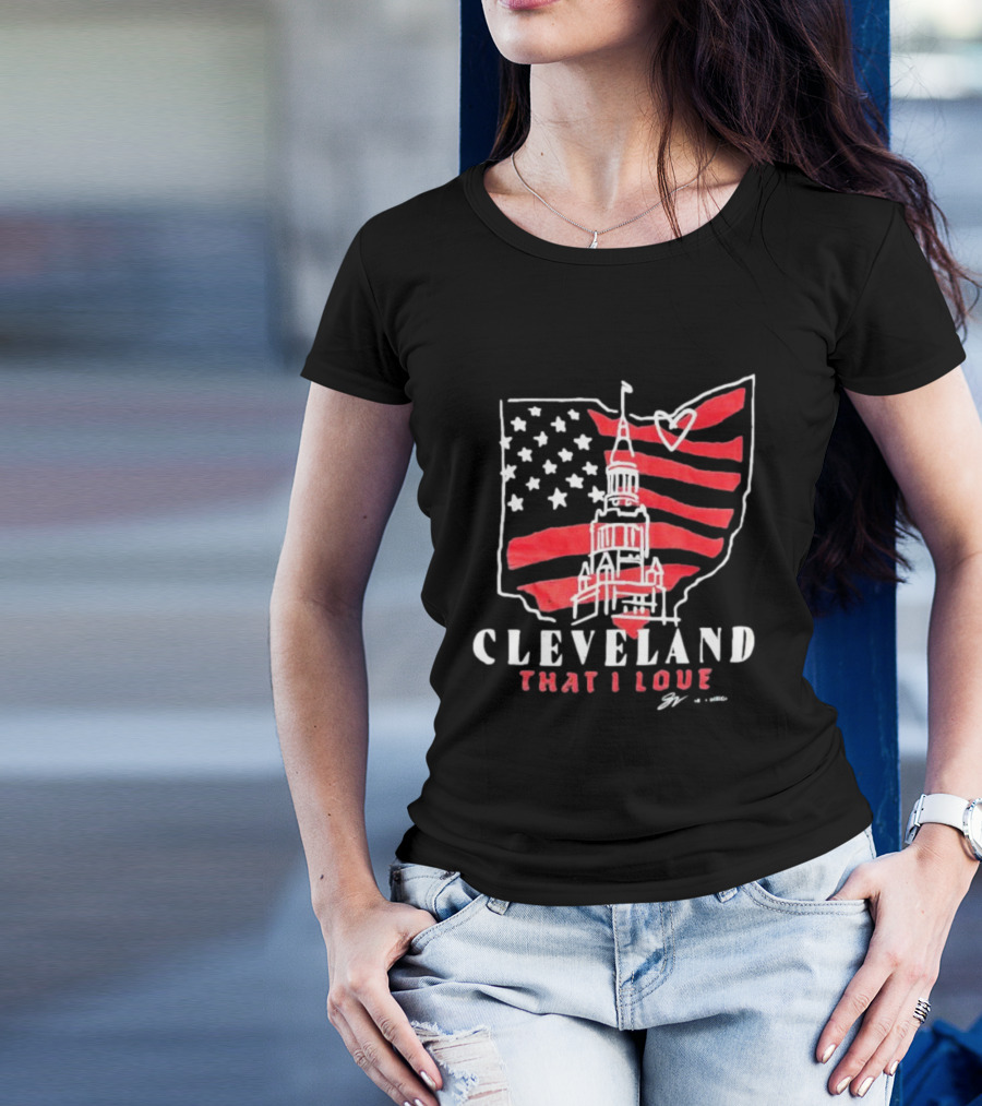 Cleveland That I Love American Flag Tower Ohio Heart Stars Stripes T-Shirt