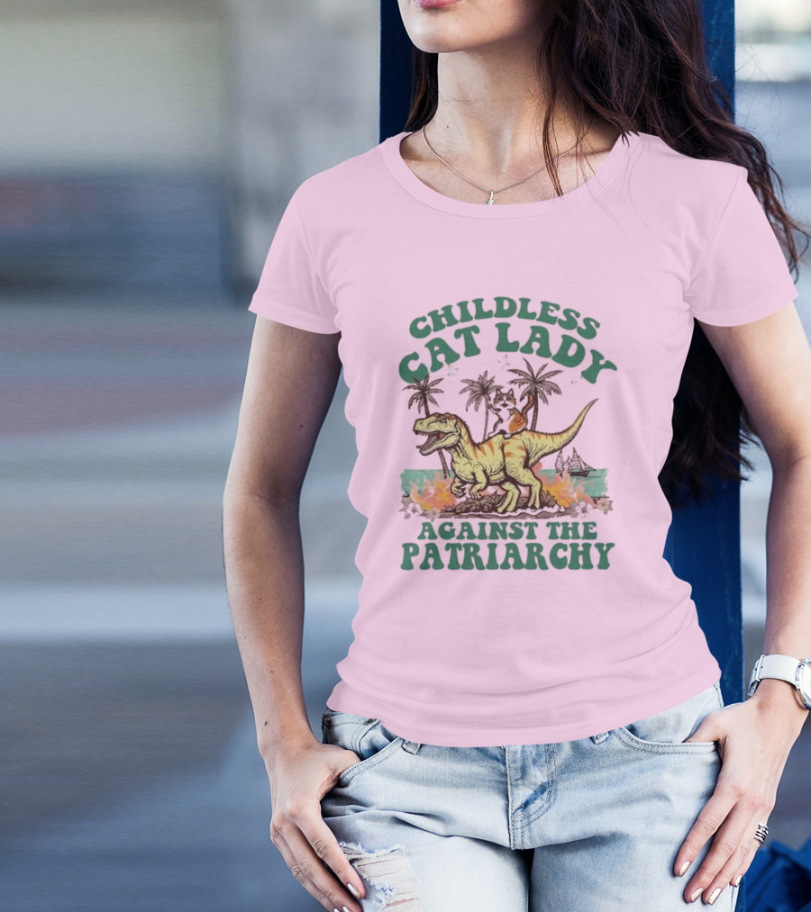 Childless Cat Lady Riding Dinosaur Against The Patriarchy With Flaming Coconut Trees T-Shirt