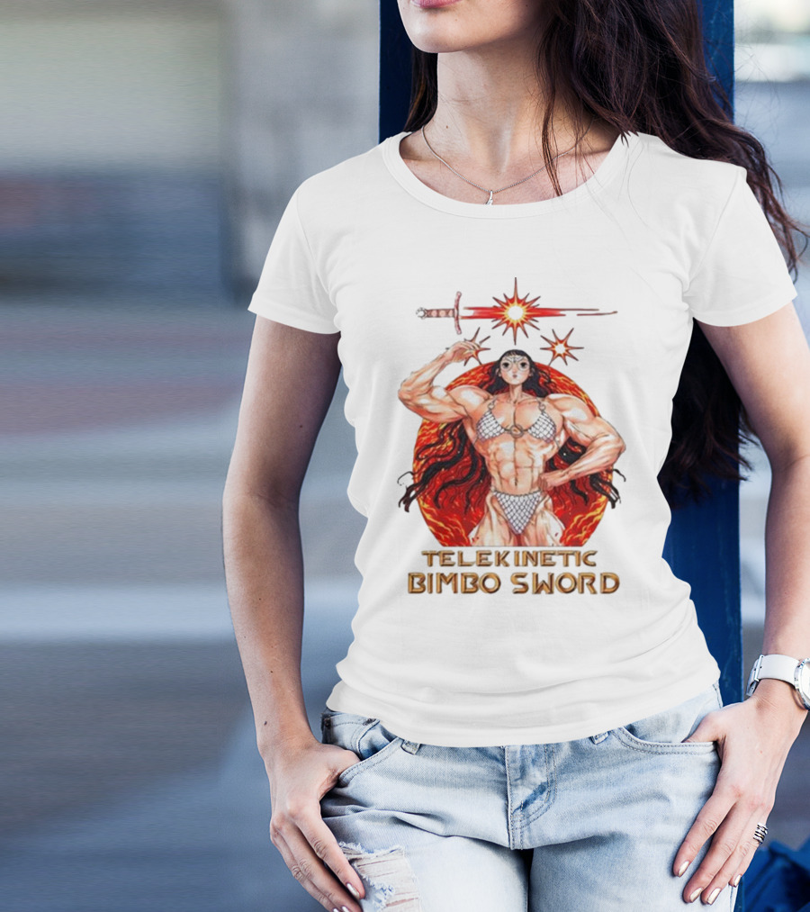 Rebecca Kirby Telekinetic Bimbo Sword Warrior With Fiery Background T-Shirt
