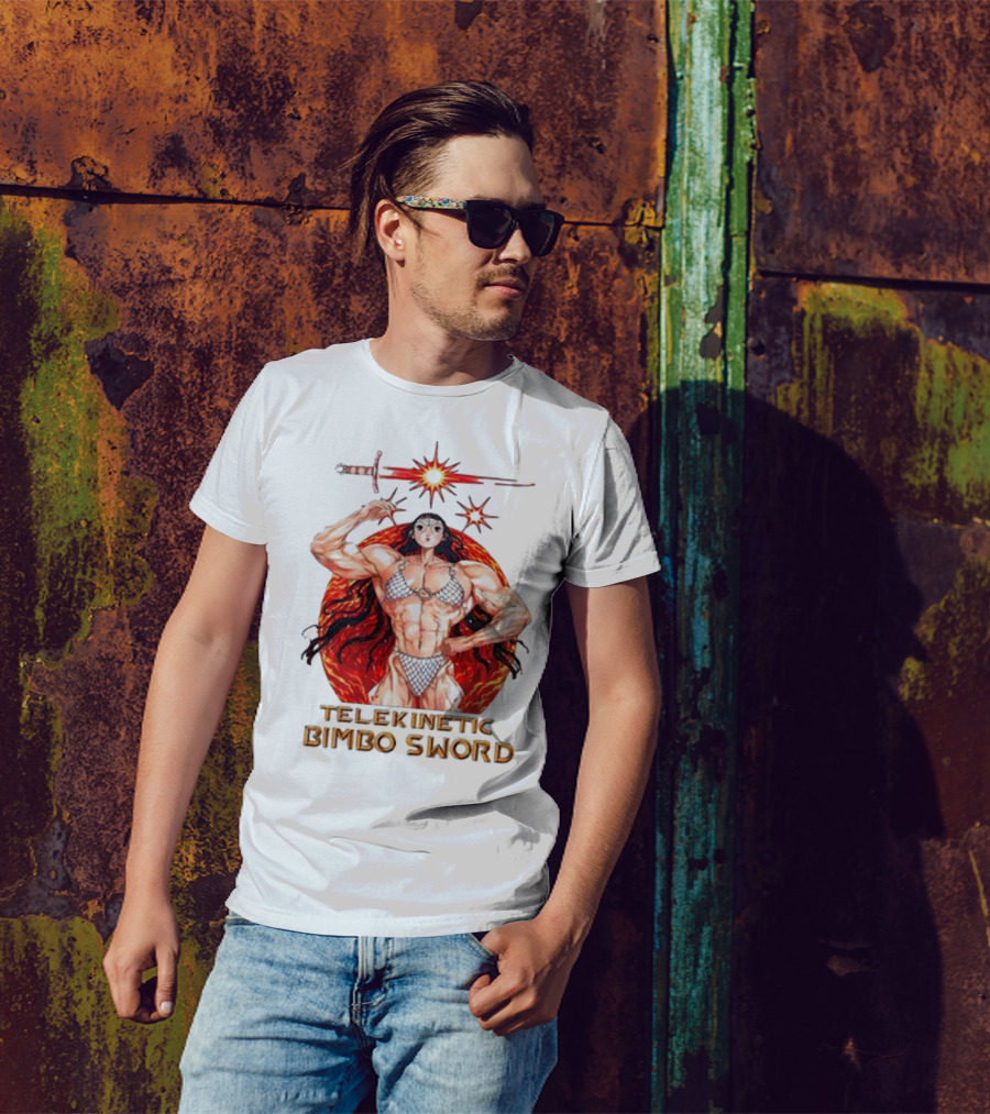 Rebecca Kirby Telekinetic Bimbo Sword Warrior With Fiery Background T-Shirt