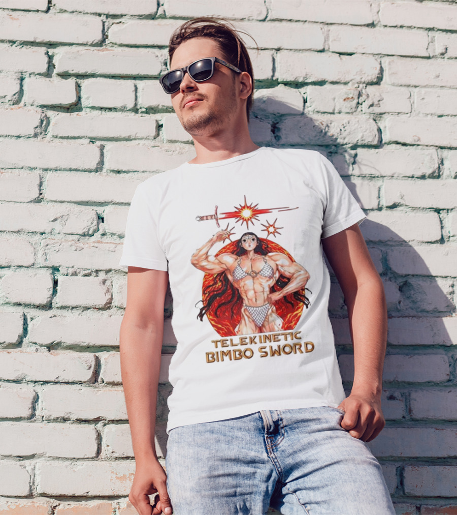 Rebecca Kirby Telekinetic Bimbo Sword Warrior With Fiery Background T-Shirt