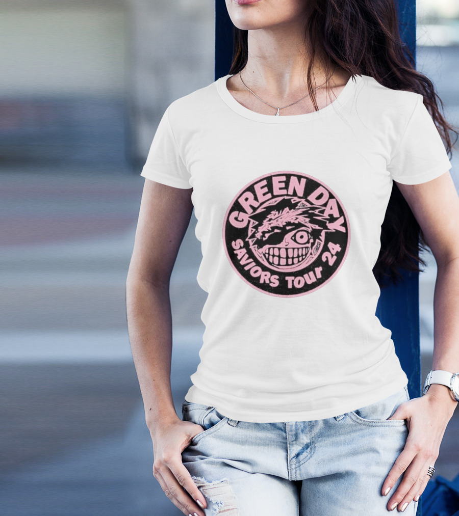 Green Day Saviors Tour 24 Pink Grinning Icon Badge T-Shirt