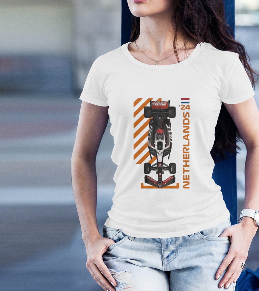 Haas F1 Racing Car Netherlands 24 Orange Stripes Racing Formula 1 T-Shirt