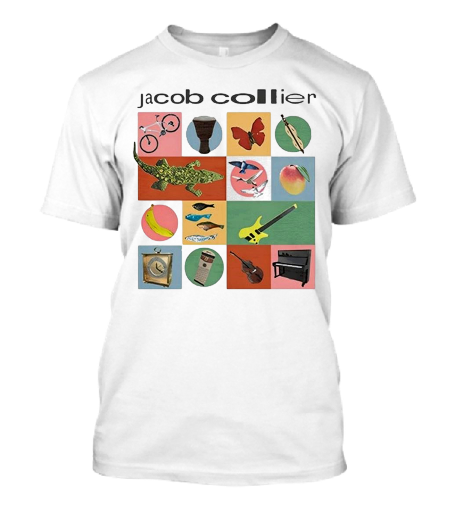 Jacob Collier 2024 Tour Bicycle Butterfly Gecko Giraffe Keytar Banjo Piano Fish Bird Mango Banana Drums T-Shirt