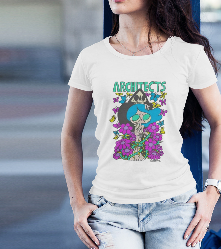 ARCHITECTS Butterfly Skull Skeleton Flowers Blue Hair T-Shirt