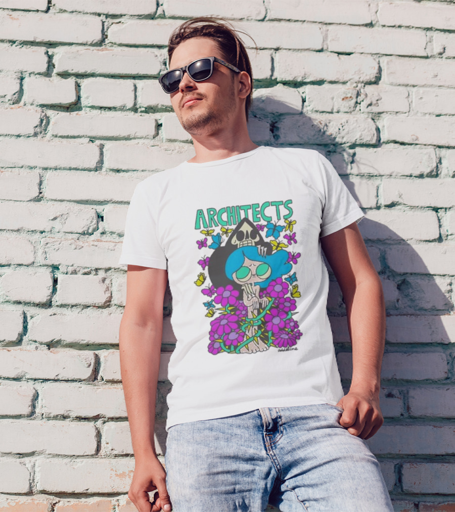 ARCHITECTS Butterfly Skull Skeleton Flowers Blue Hair T-Shirt