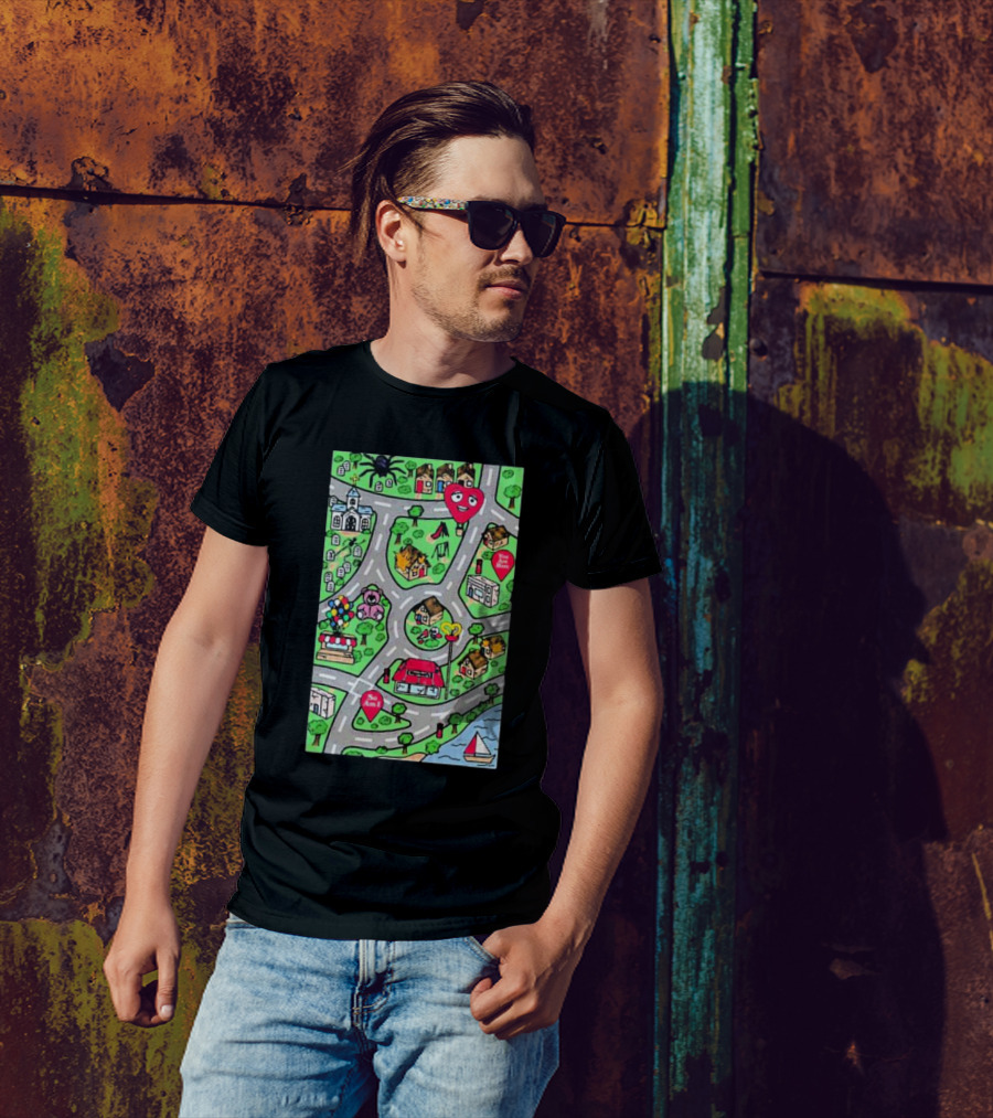 Are We There Yet Cute Cartoon Map With Smiling Landmarks And Colorful Scenery T-Shirt