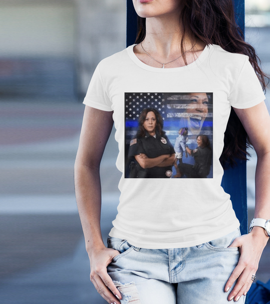 Kamala Harris Police Blue Line American Flag Background T-Shirt