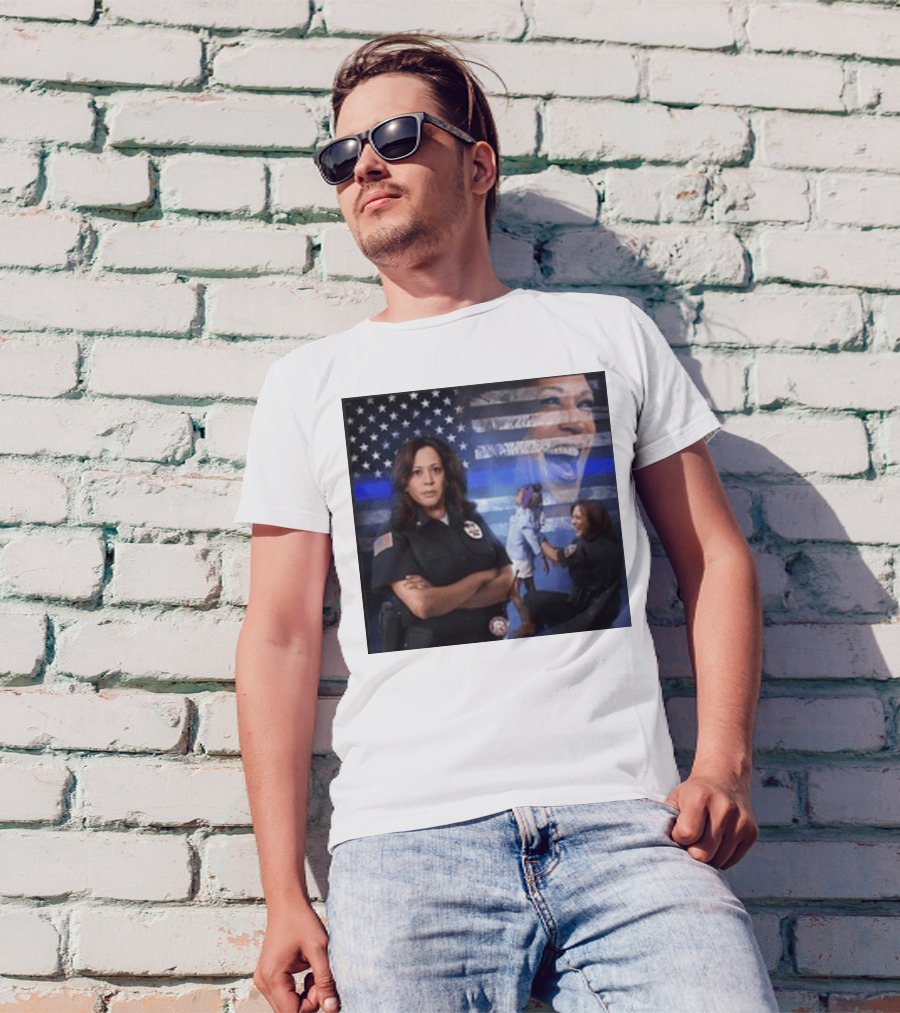 Kamala Harris Police Blue Line American Flag Background T-Shirt