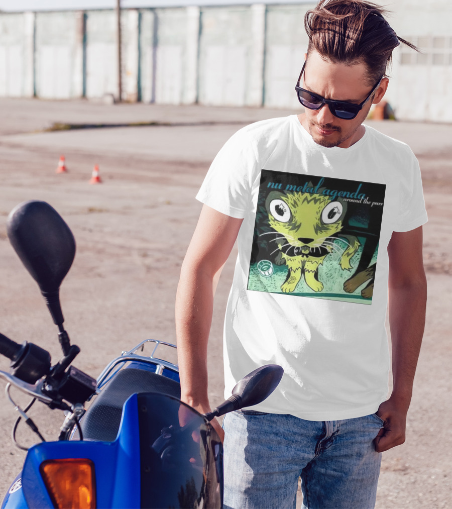 Nu Metal Agenda Around The Purr Feline Illustration With Swirling Colors And Bold Letters T-Shirt