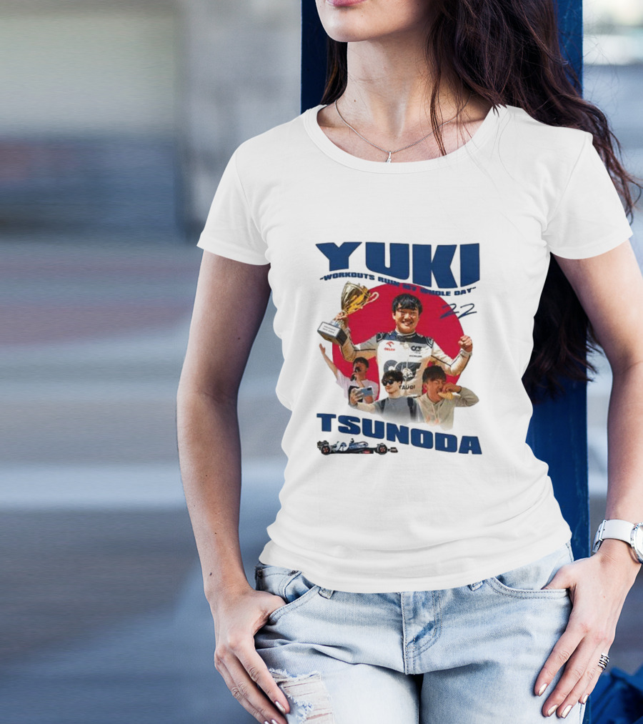 Yuki Tsunoda Victory Celebration With Racing Imagery And Text 'Run My Whole Day 22' T-Shirt