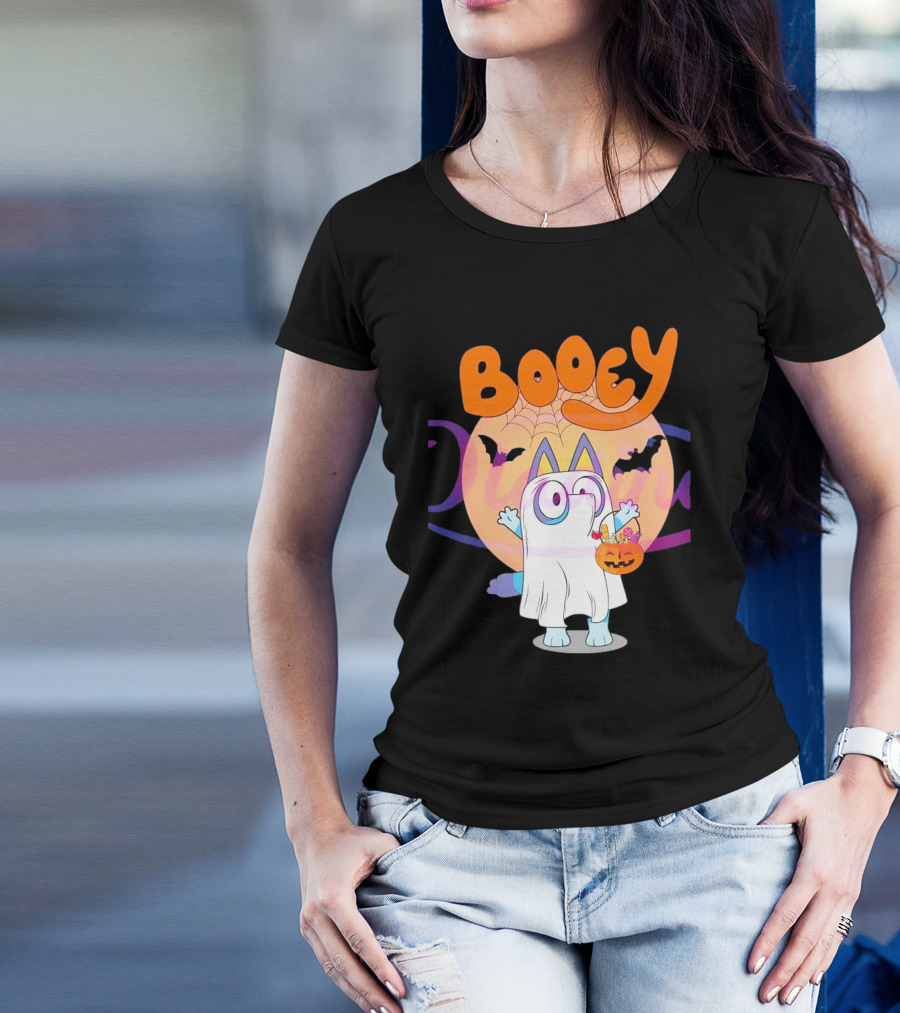 Booey Ghost Costume With Pumpkin Treat Bag Halloween T-Shirt