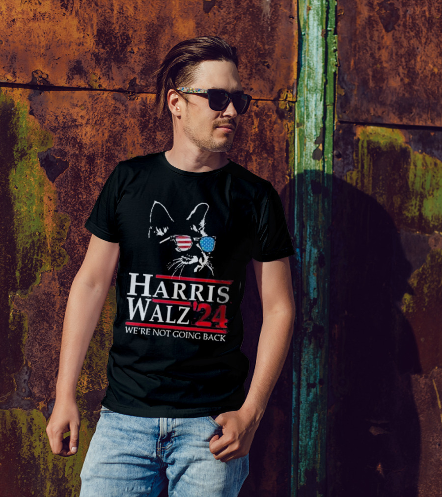 Harris Walz 2024 We’re Not Going Back Cat Sunglasses American Flag T-Shirt