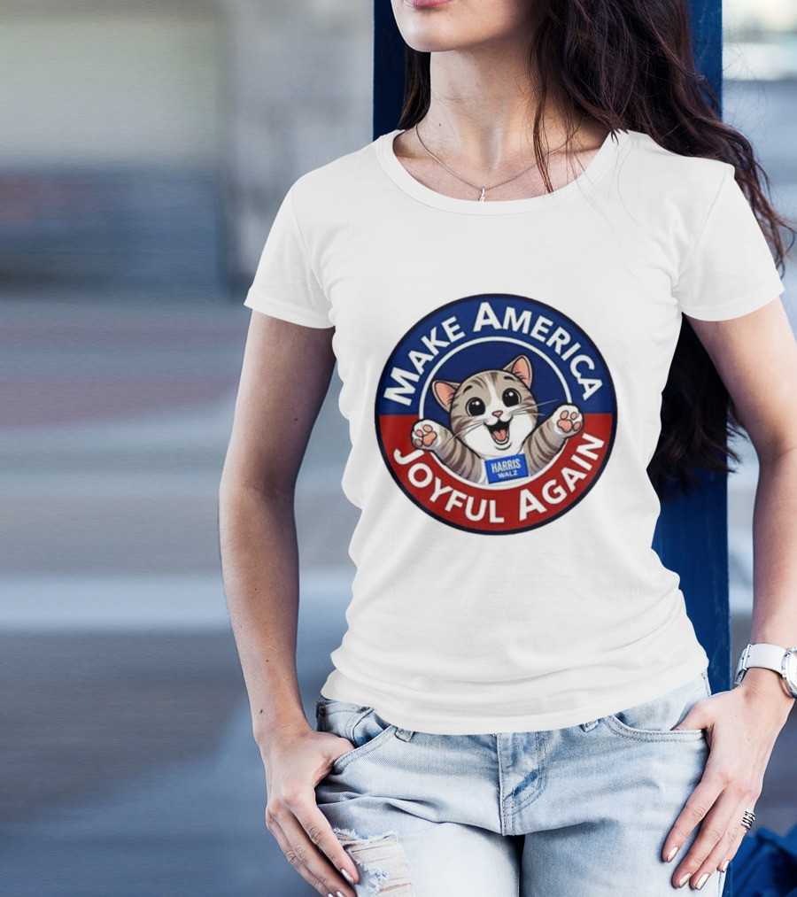 Make America Joyful Again Harris Walz Cat Image T-Shirt