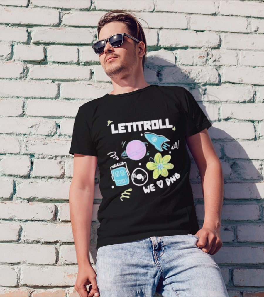 LETITROLL We Love DNB Planet Rocket Robot Flower T-Shirt