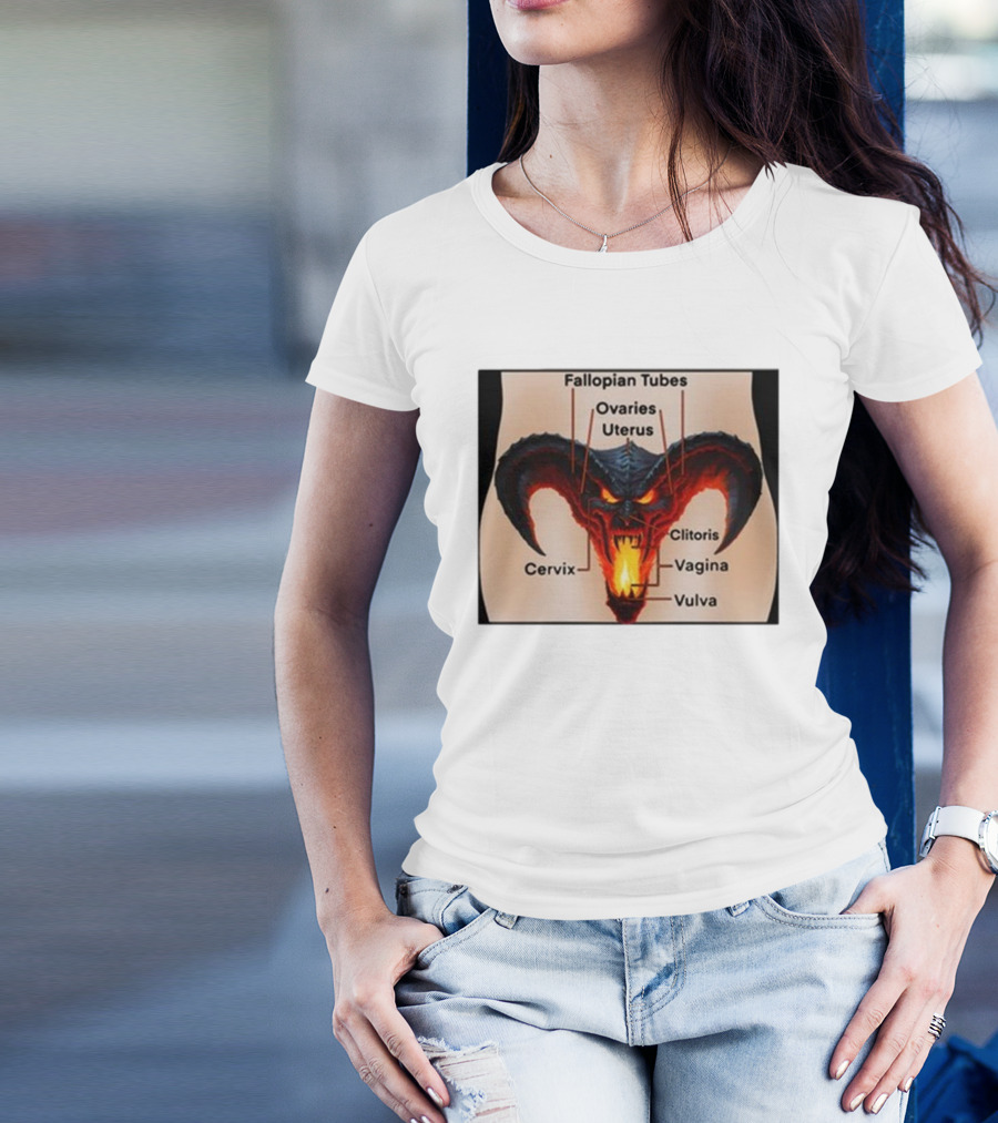 Teen Hearts Girl Anatomy Fallopian Tubes Ovaries Uterus Cervix Clitoris Vagina Vulva Demon Head T-Shirt