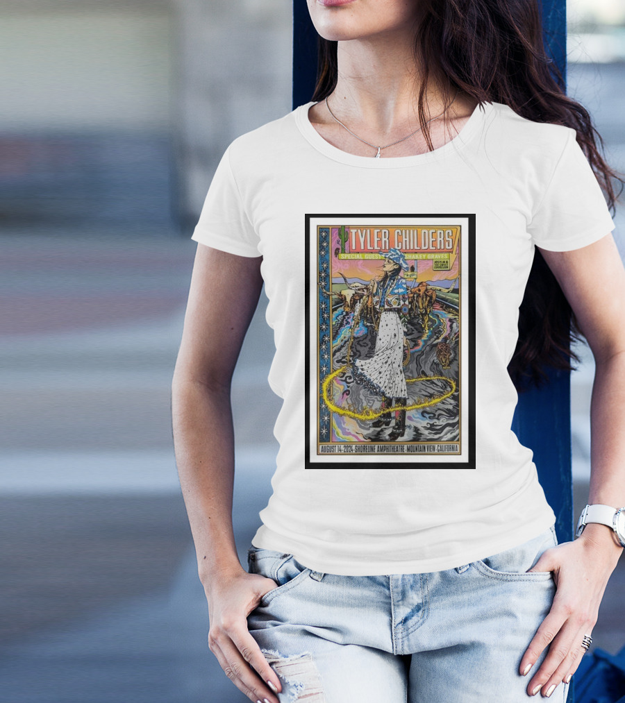Tyler Childers Special Guest Shakey Graves August 14 2024 Shoreline Amphitheatre Mountain View California Concert Poster With Colorful Western Scene T-Shirt