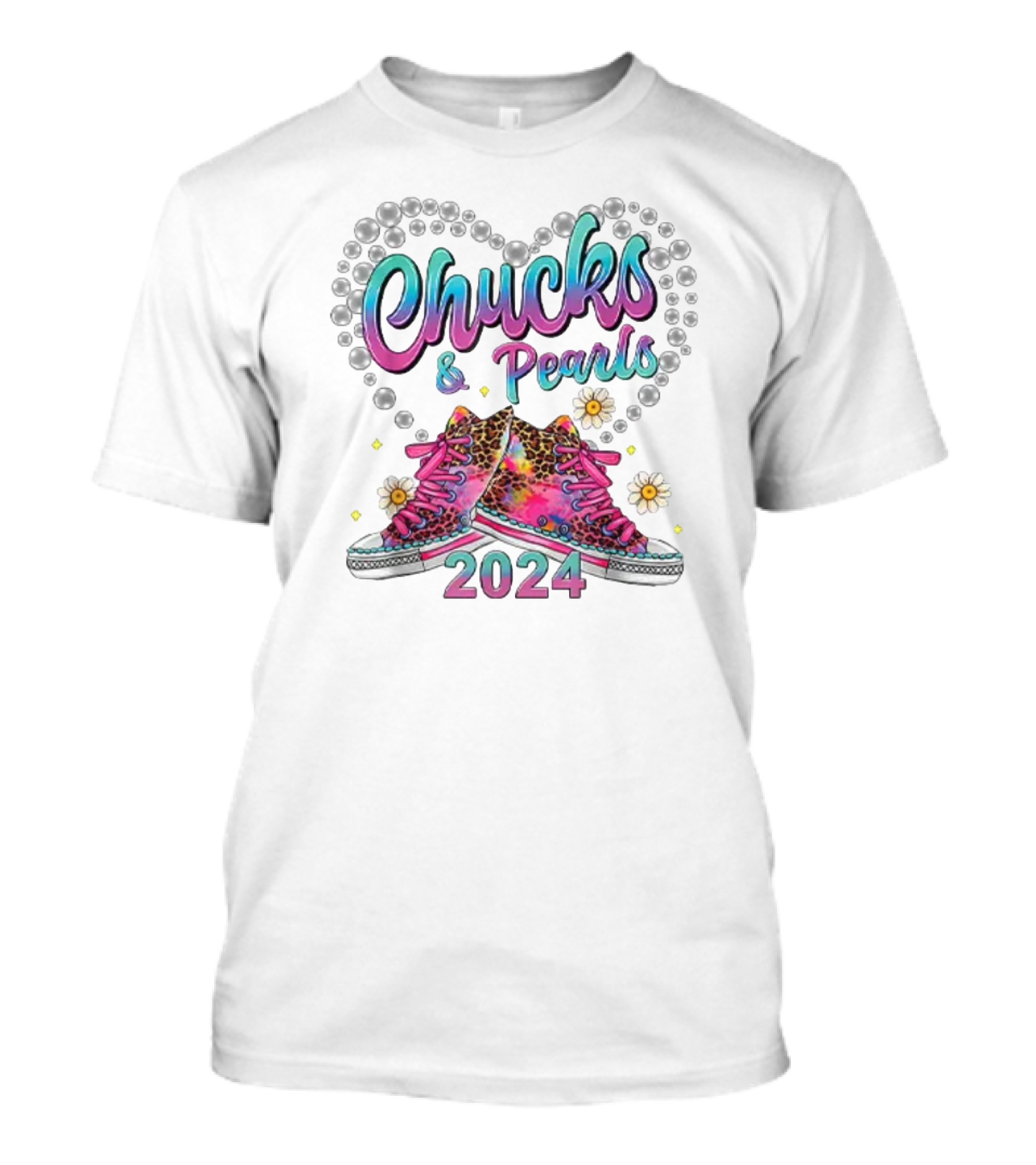 Chucks And Pearls 2024 Pink Leopard Converse Heart And Flowers T-Shirt