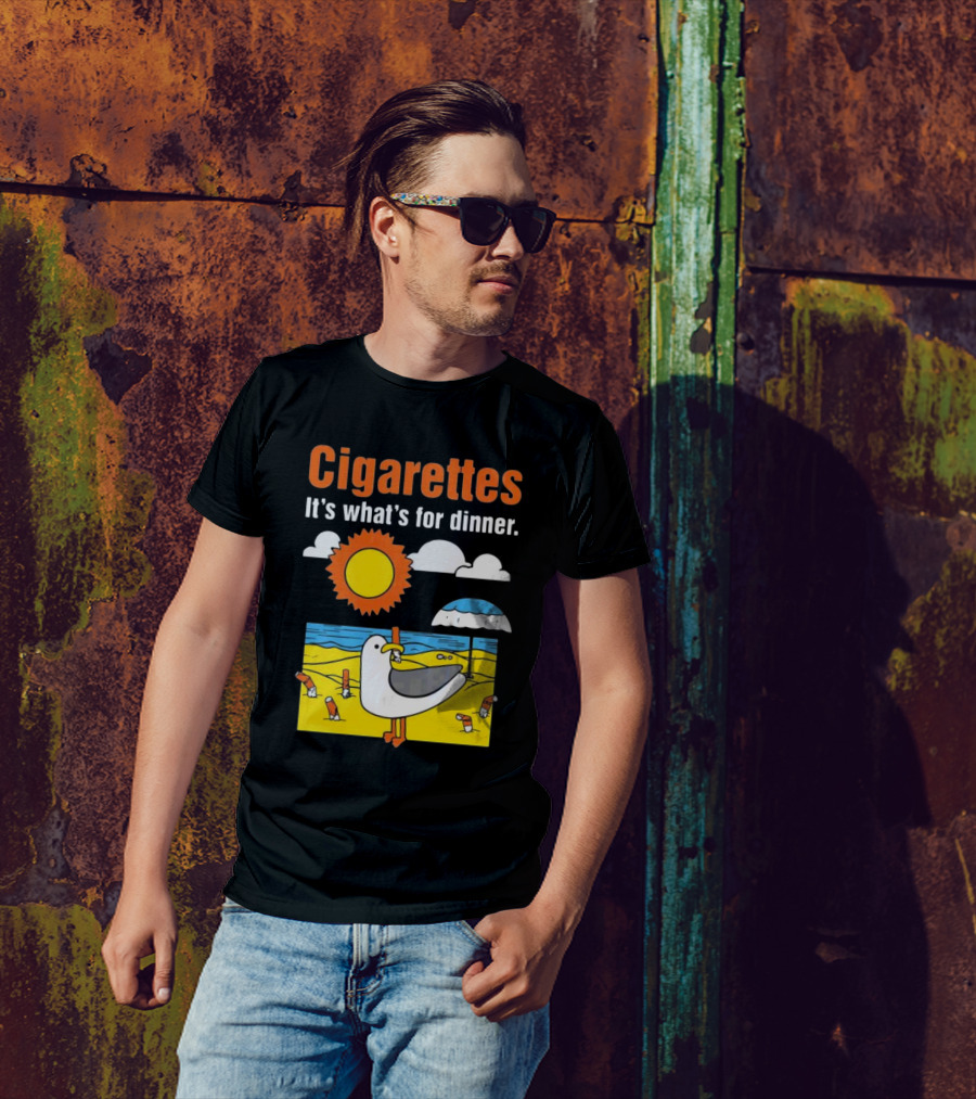 Cigarettes It's What's For Dinner Beach Seagull Cartoon With Sun And Umbrella T-Shirt