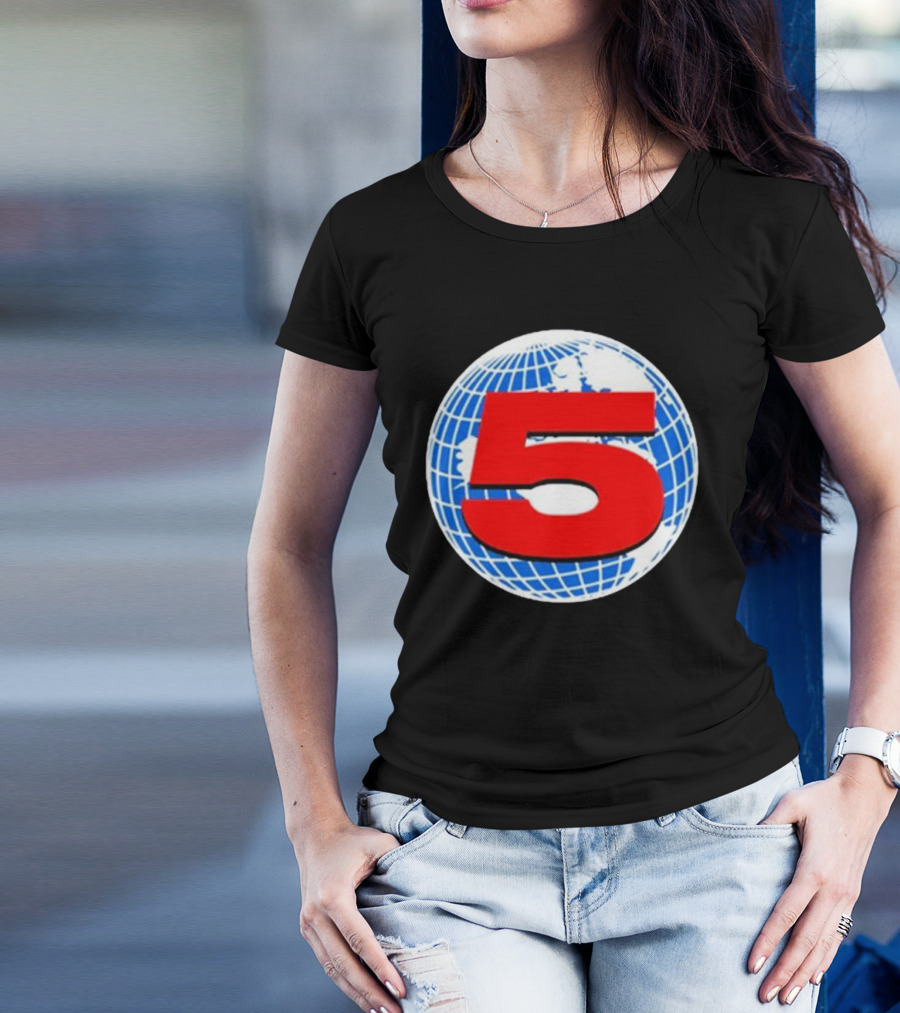 Red Number 5 On Blue And White Globe Background T-Shirt