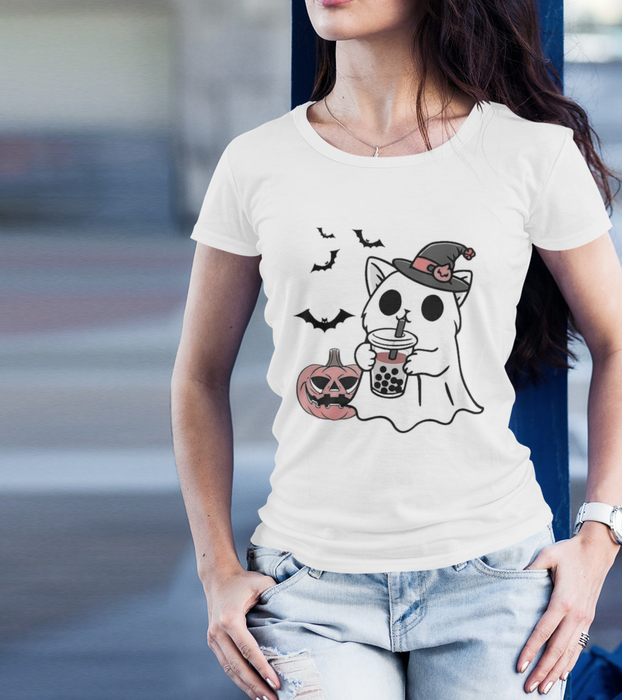 Ghost Cat With Bubble Tea And Halloween Pumpkin T-Shirt