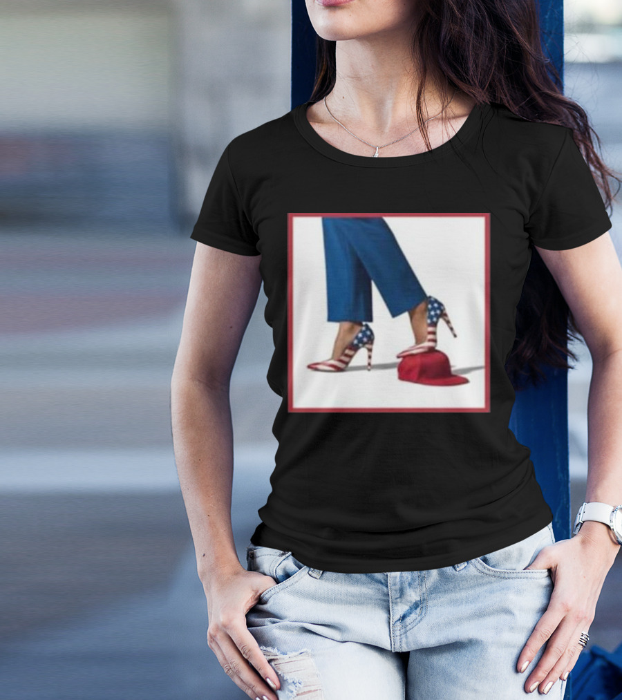 Kamala American Flag High Heels Stepping On Red MAGA Hat T-Shirt