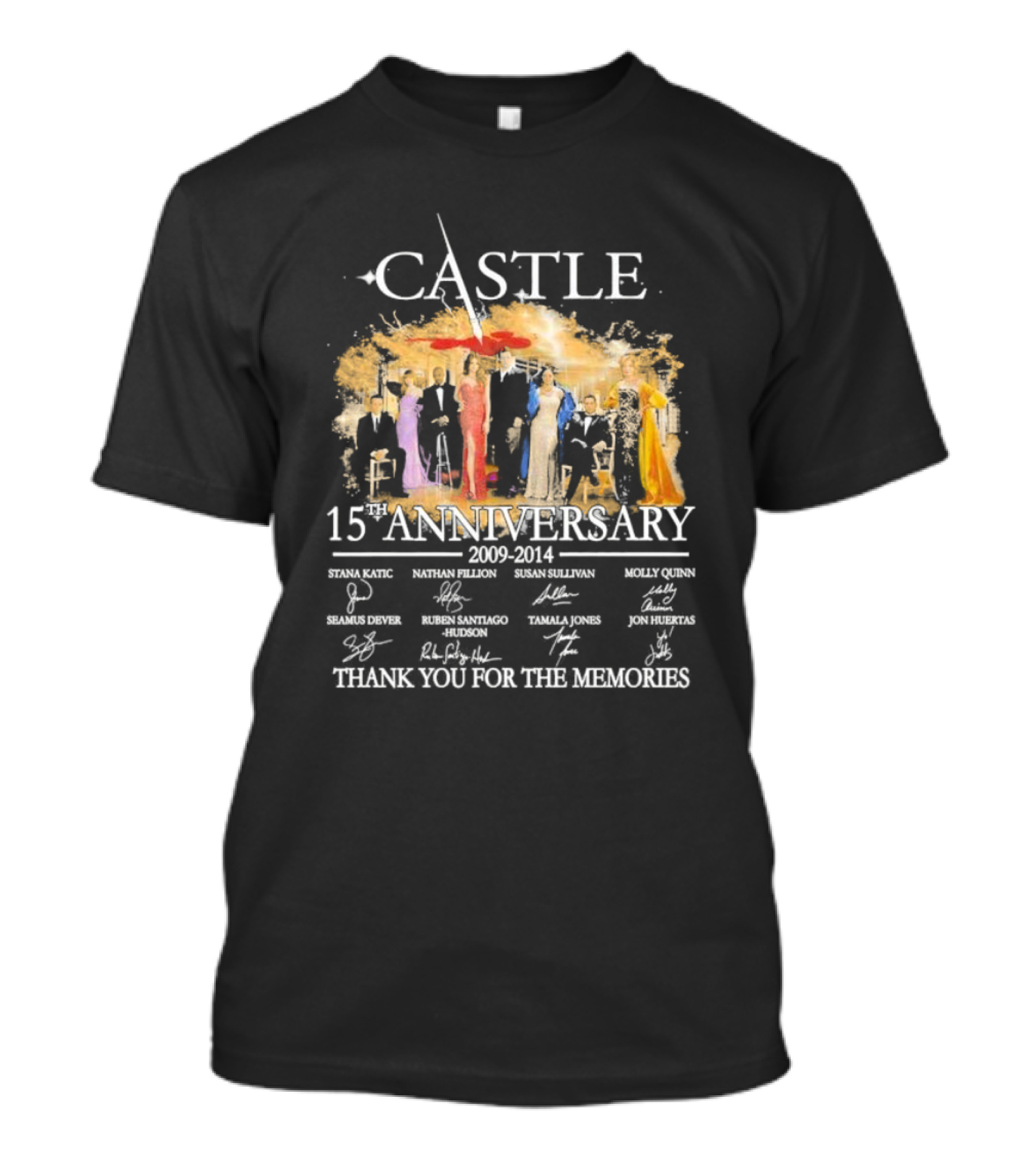 Castle 15th Anniversary 2009-2014 Thank You For The Memories Stana Katic Nathan Fillion Susan Sullivan Molly Quinn Seamus Dever Ruben Santiago-Hudson Tamala Jones Jon Huertas T-Shirt