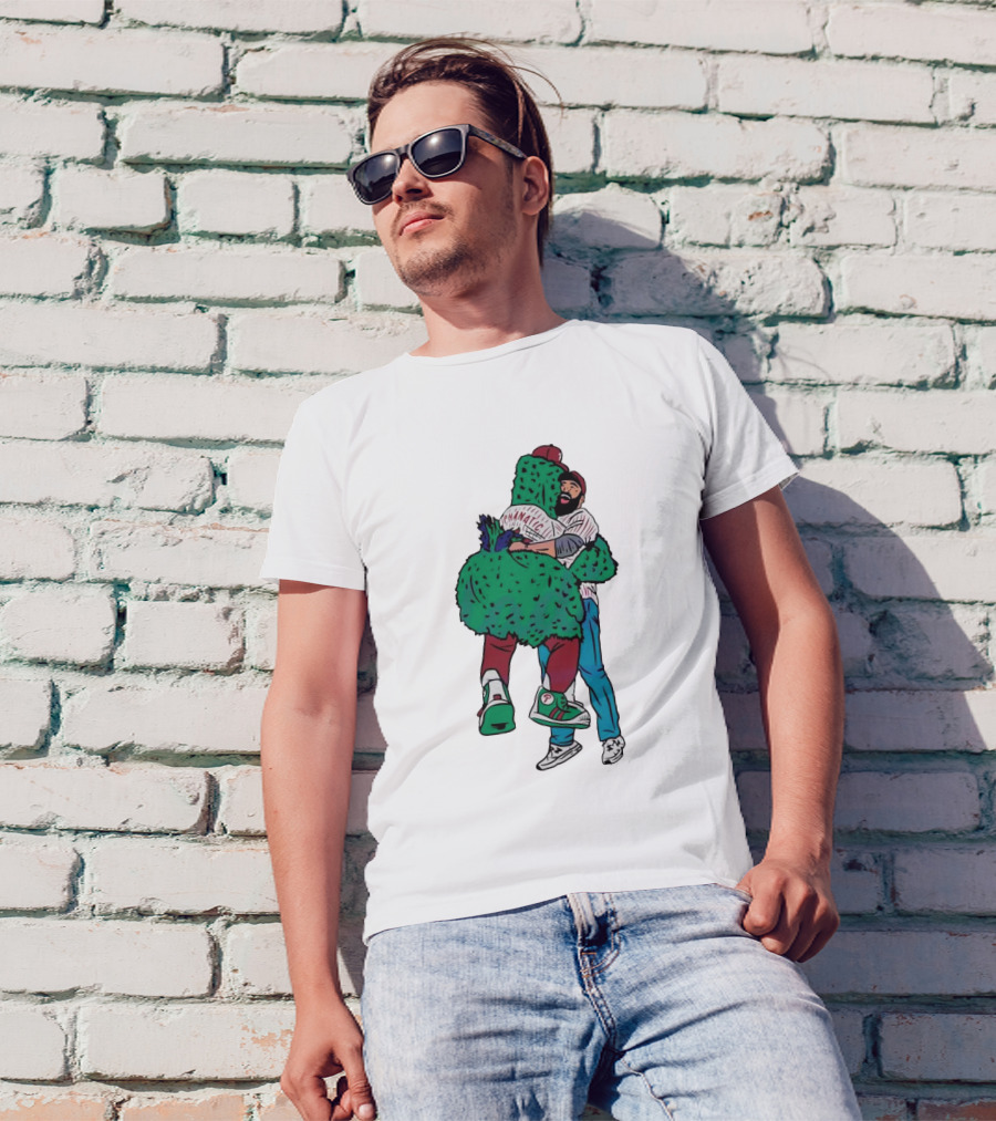 Phanatic Phillies Mascot Embrace With Baseball Player T-Shirt