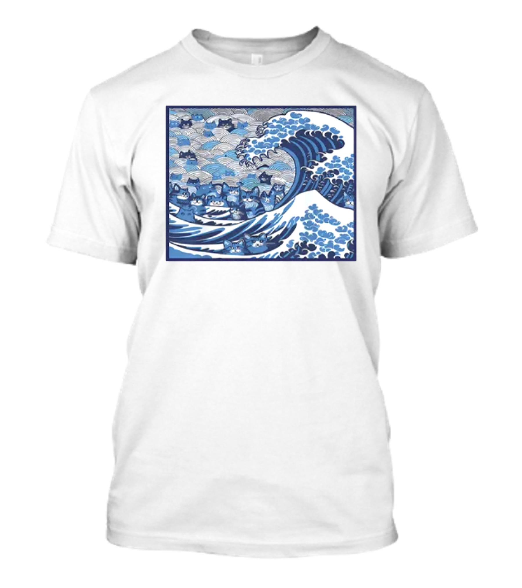 Blue Wave Cat Kamala Hokusai Style Japan Ocean Cats T-Shirt