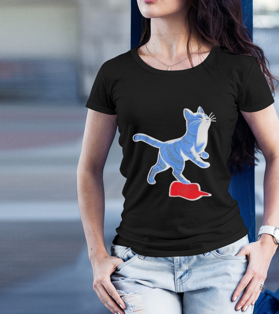 Kamala Harris Cat Stepping On Maga Red Hat Blue Striped Cat T-Shirt