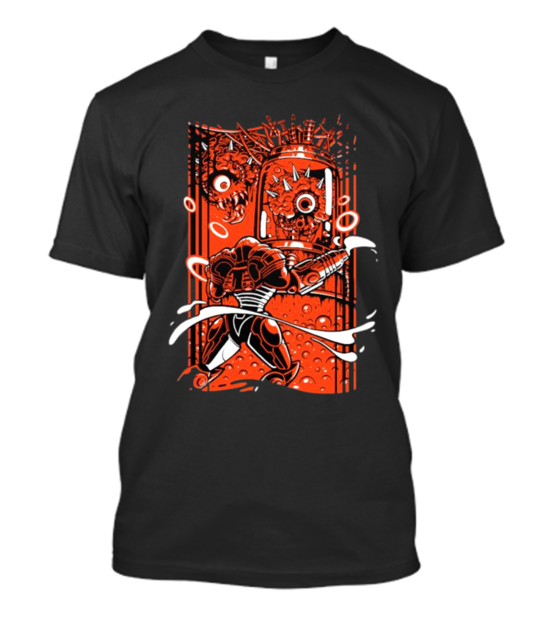 Final Boss Monster Robot Battle Scene With Armored Hero And Giant Eye Creatures T-Shirt