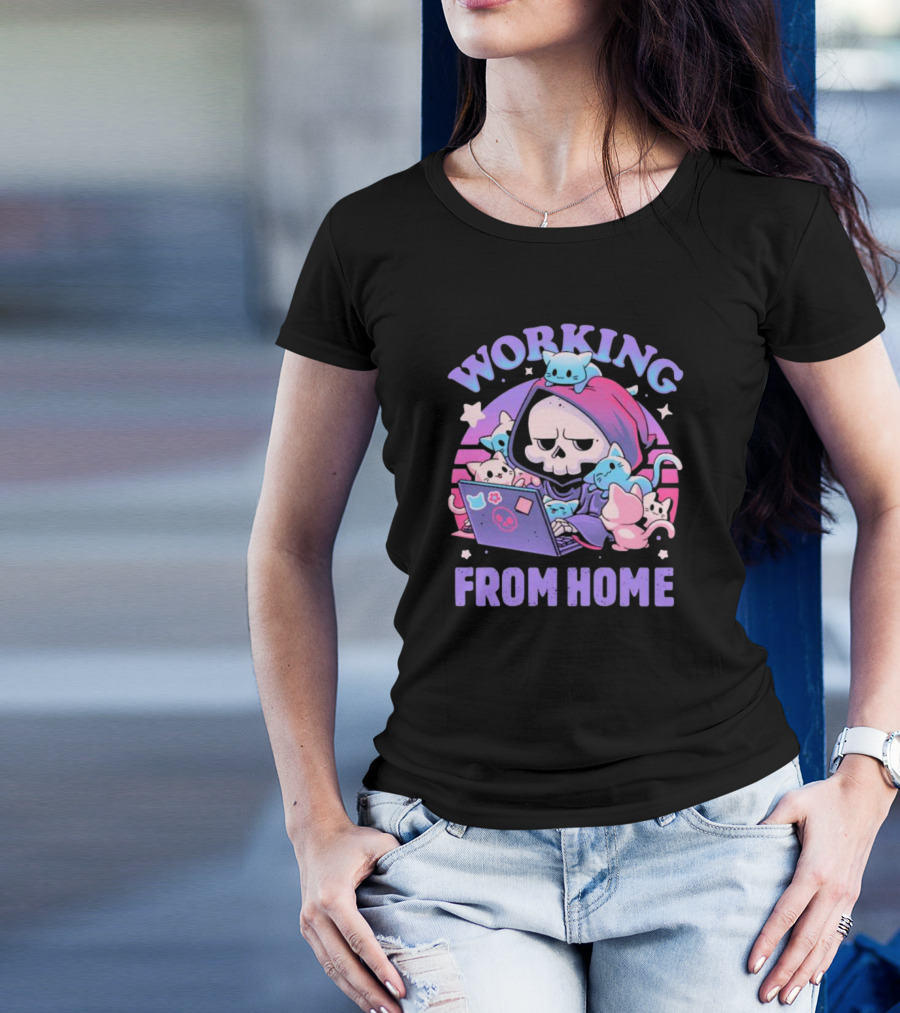 Working From Home Reaper With Cats Using Computer T-Shirt