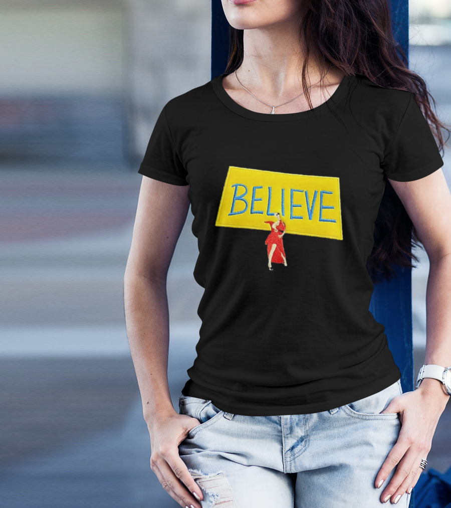 Hannah Waddingham Believe Yellow Sign With Red Dress T-Shirt