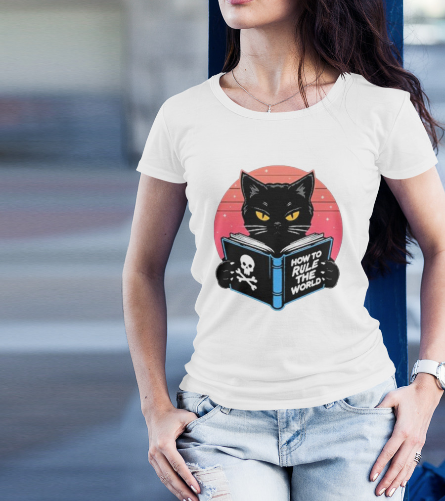 How To Rule The World Black Cat Reading Book With Skull T-Shirt