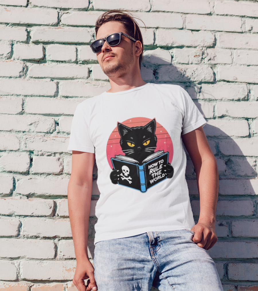 How To Rule The World Black Cat Reading Book With Skull T-Shirt