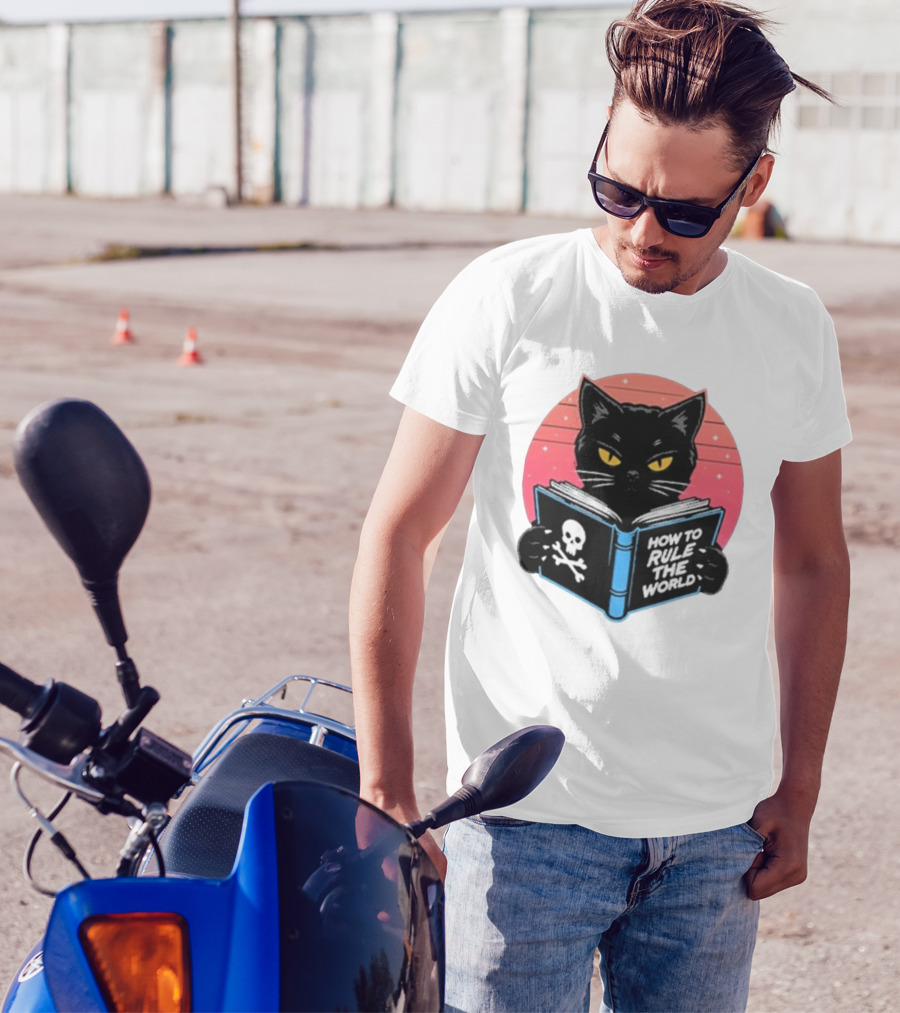 How To Rule The World Black Cat Reading Book With Skull T-Shirt