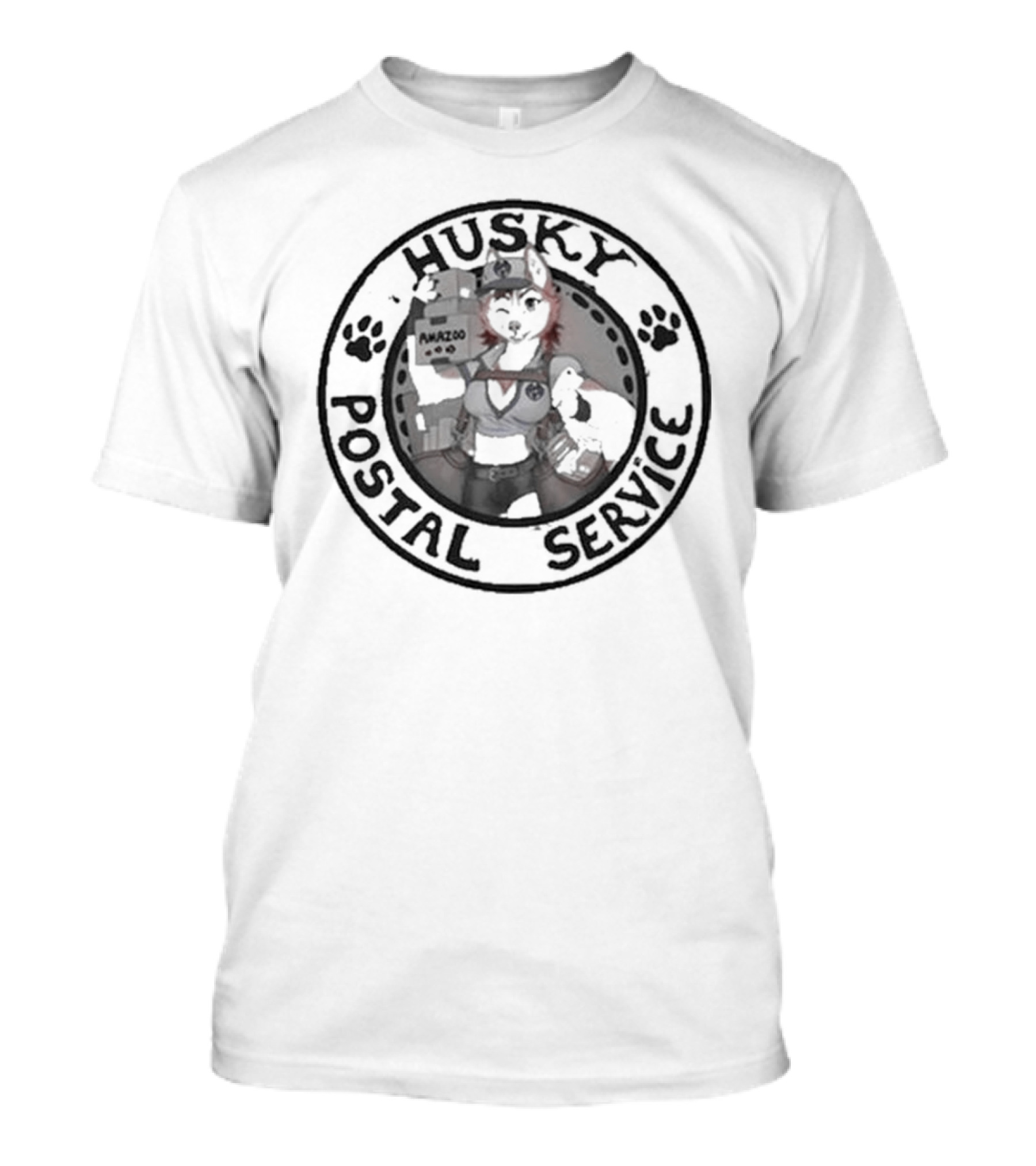 Husky Postal Service Paw Print Circle With Uniformed Mascot Holding Packages T-Shirt